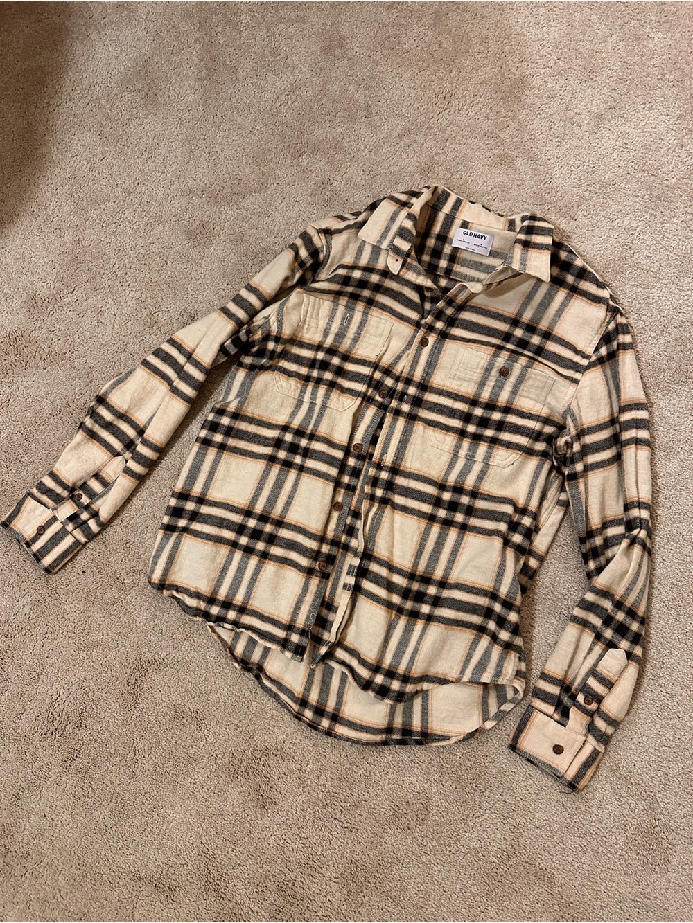 Old Navy Men's Cream and Black Plaid Button-Down Shirt